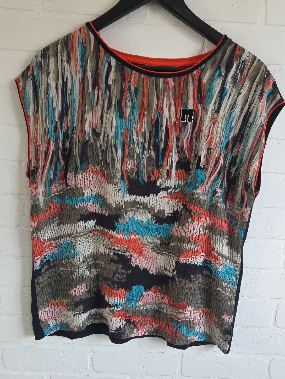 Marc Cain Multicolor Fringed Knit Tee - Teal, Coral, Pink & Black
